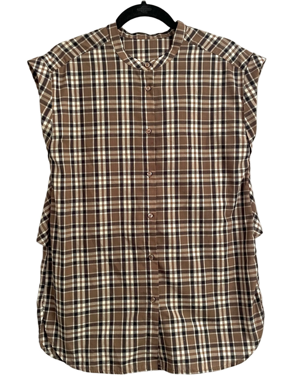 Classic Brown Blue Plaid Sleeveless Tunic Blouse - Small, Japanese brand 🇯🇵 - Picture 9 of 12